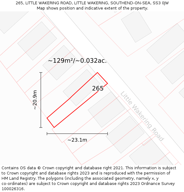 265, LITTLE WAKERING ROAD, LITTLE WAKERING, SOUTHEND-ON-SEA, SS3 0JW: Plot and title map