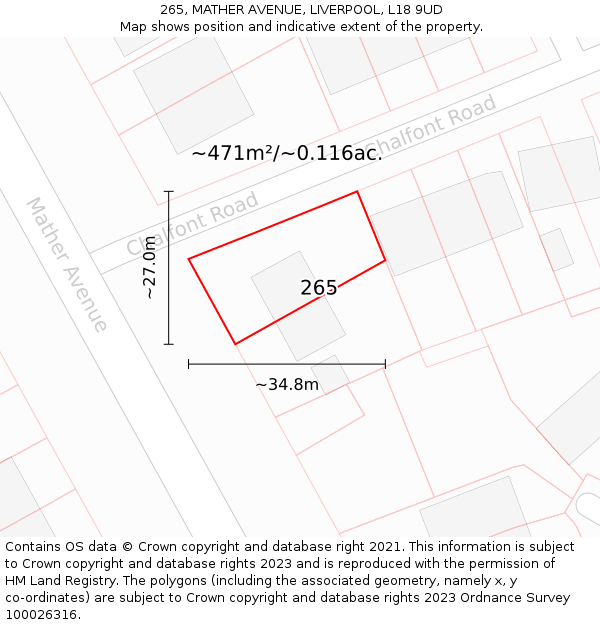 265, MATHER AVENUE, LIVERPOOL, L18 9UD: Plot and title map