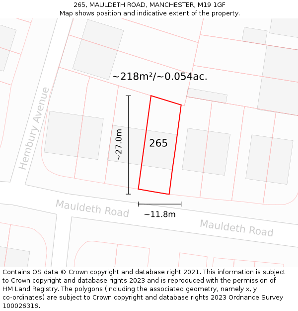 265, MAULDETH ROAD, MANCHESTER, M19 1GF: Plot and title map