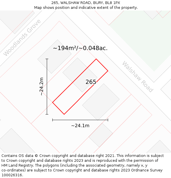 265, WALSHAW ROAD, BURY, BL8 1PX: Plot and title map