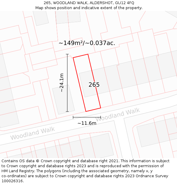 265, WOODLAND WALK, ALDERSHOT, GU12 4FQ: Plot and title map