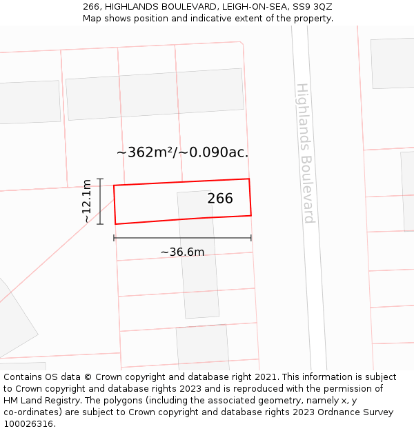 266, HIGHLANDS BOULEVARD, LEIGH-ON-SEA, SS9 3QZ: Plot and title map