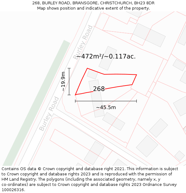 268, BURLEY ROAD, BRANSGORE, CHRISTCHURCH, BH23 8DR: Plot and title map