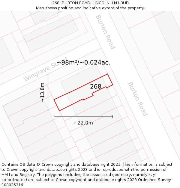 268, BURTON ROAD, LINCOLN, LN1 3UB: Plot and title map