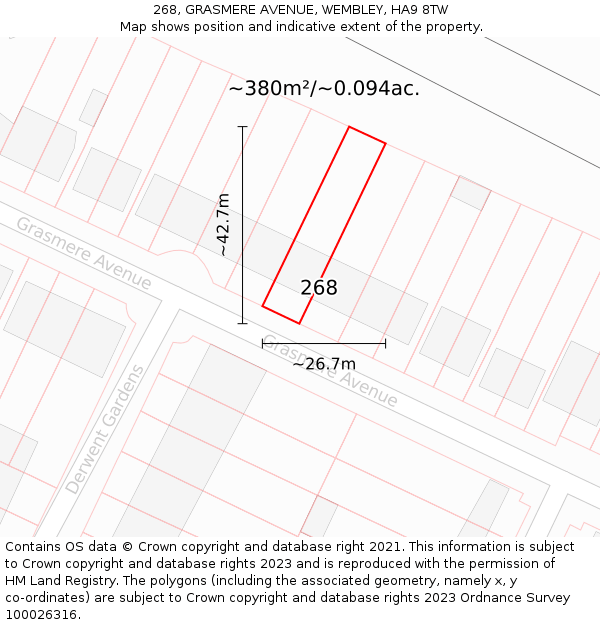 268, GRASMERE AVENUE, WEMBLEY, HA9 8TW: Plot and title map