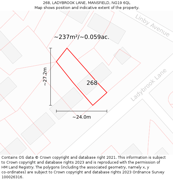 268, LADYBROOK LANE, MANSFIELD, NG19 6QL: Plot and title map
