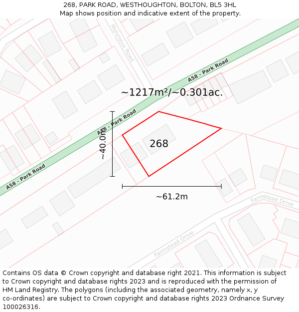 268, PARK ROAD, WESTHOUGHTON, BOLTON, BL5 3HL: Plot and title map