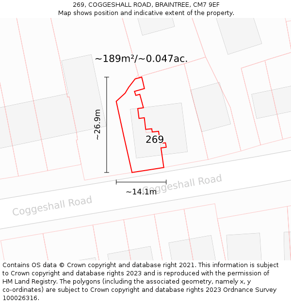 269, COGGESHALL ROAD, BRAINTREE, CM7 9EF: Plot and title map