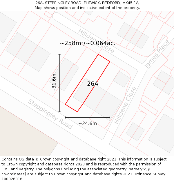 26A, STEPPINGLEY ROAD, FLITWICK, BEDFORD, MK45 1AJ: Plot and title map