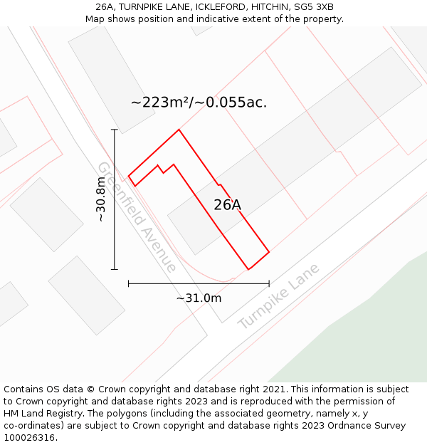 26A, TURNPIKE LANE, ICKLEFORD, HITCHIN, SG5 3XB: Plot and title map