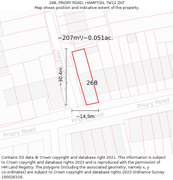 26B, PRIORY ROAD, HAMPTON, TW12 2NT: Plot and title map