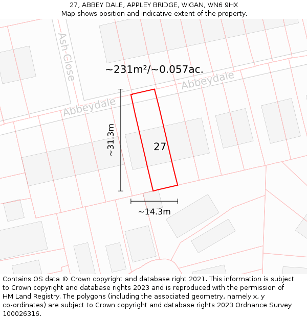 27, ABBEY DALE, APPLEY BRIDGE, WIGAN, WN6 9HX: Plot and title map