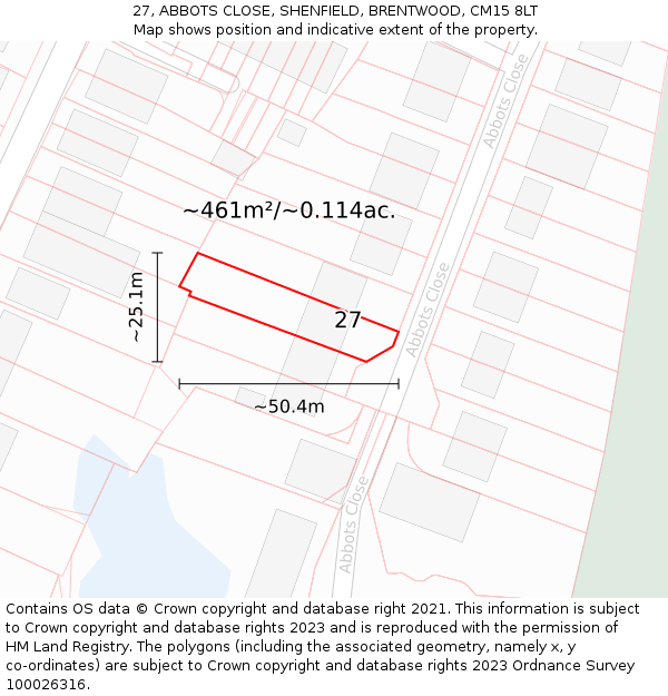 27, ABBOTS CLOSE, SHENFIELD, BRENTWOOD, CM15 8LT: Plot and title map