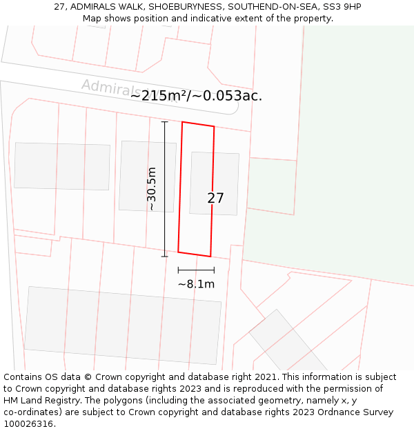 27, ADMIRALS WALK, SHOEBURYNESS, SOUTHEND-ON-SEA, SS3 9HP: Plot and title map