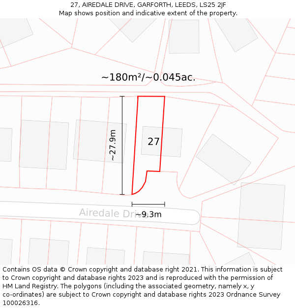 27, AIREDALE DRIVE, GARFORTH, LEEDS, LS25 2JF: Plot and title map