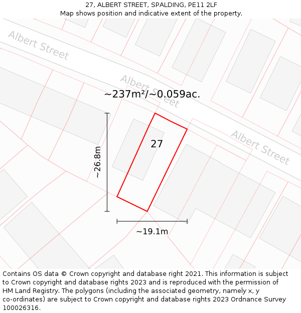 27, ALBERT STREET, SPALDING, PE11 2LF: Plot and title map