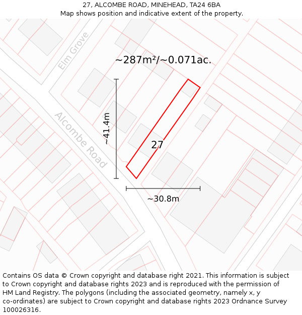 27, ALCOMBE ROAD, MINEHEAD, TA24 6BA: Plot and title map