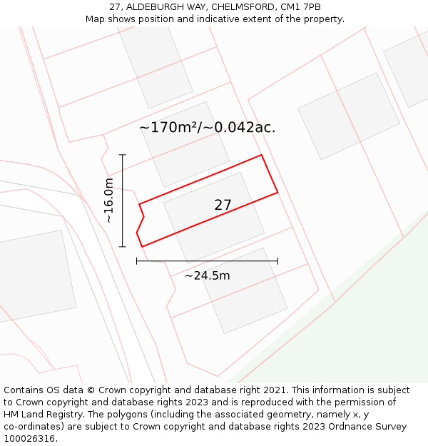 27, ALDEBURGH WAY, CHELMSFORD, CM1 7PB: Plot and title map