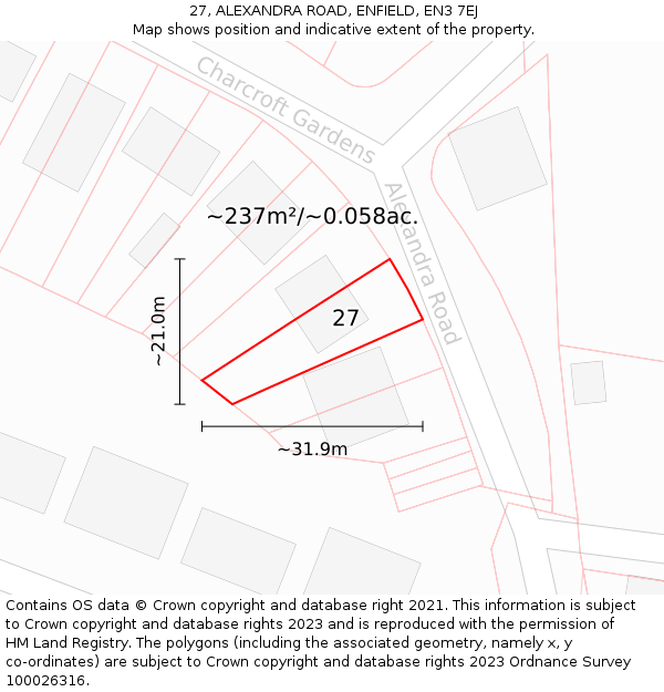 27, ALEXANDRA ROAD, ENFIELD, EN3 7EJ: Plot and title map