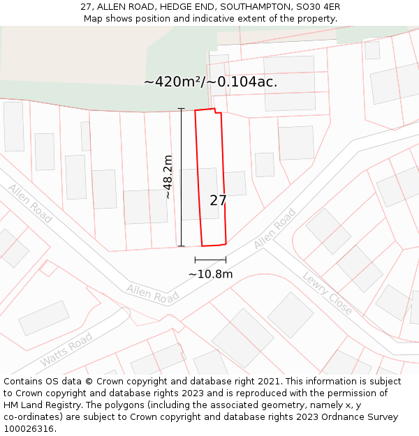 27, ALLEN ROAD, HEDGE END, SOUTHAMPTON, SO30 4ER: Plot and title map