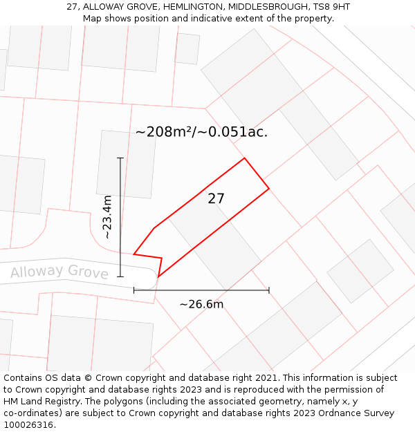 27, ALLOWAY GROVE, HEMLINGTON, MIDDLESBROUGH, TS8 9HT: Plot and title map