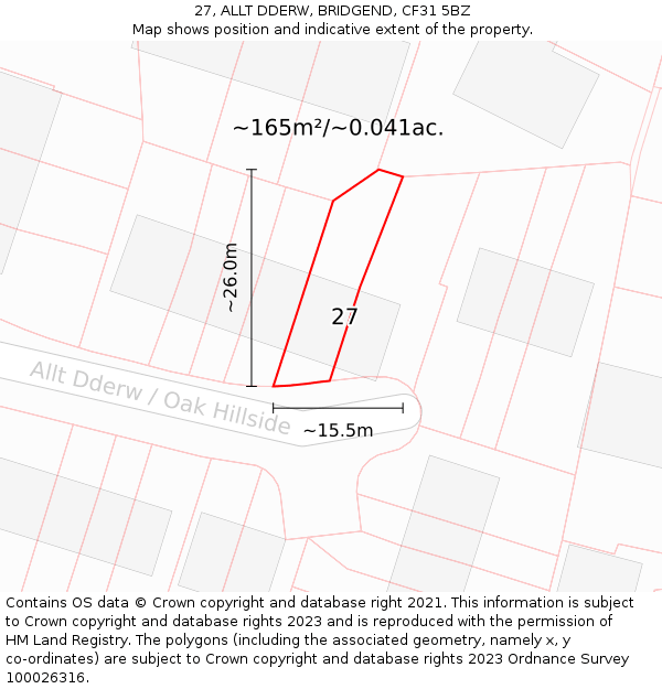 27, ALLT DDERW, BRIDGEND, CF31 5BZ: Plot and title map
