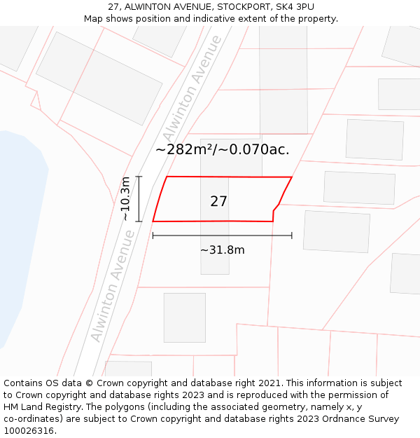 27, ALWINTON AVENUE, STOCKPORT, SK4 3PU: Plot and title map