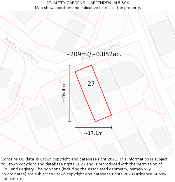27, ALZEY GARDENS, HARPENDEN, AL5 5SX: Plot and title map