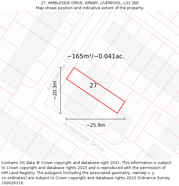 27, AMBLESIDE DRIVE, KIRKBY, LIVERPOOL, L33 2EE: Plot and title map