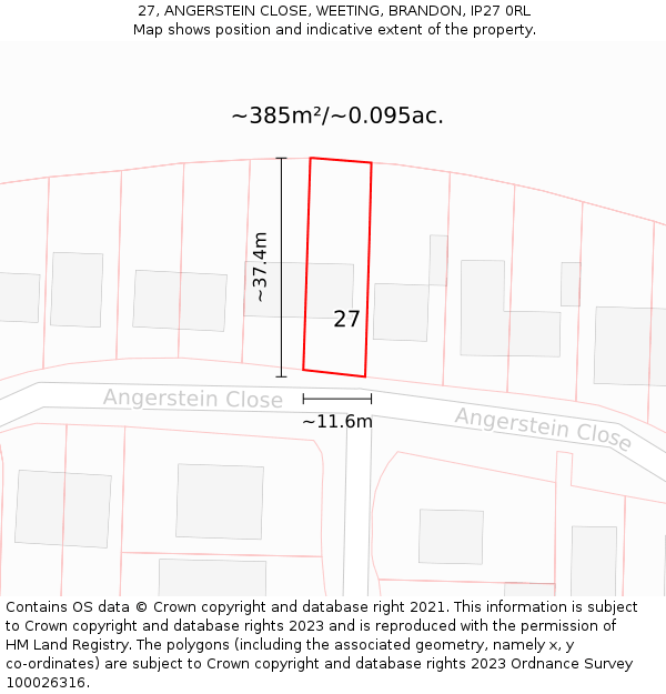 27, ANGERSTEIN CLOSE, WEETING, BRANDON, IP27 0RL: Plot and title map