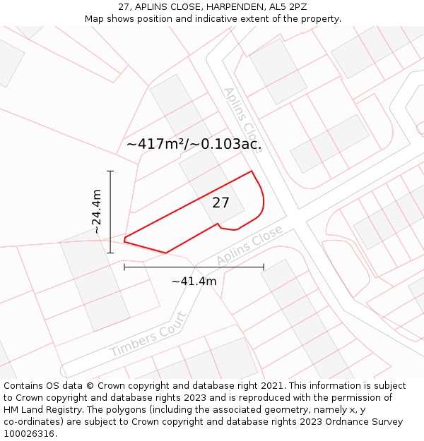 27, APLINS CLOSE, HARPENDEN, AL5 2PZ: Plot and title map