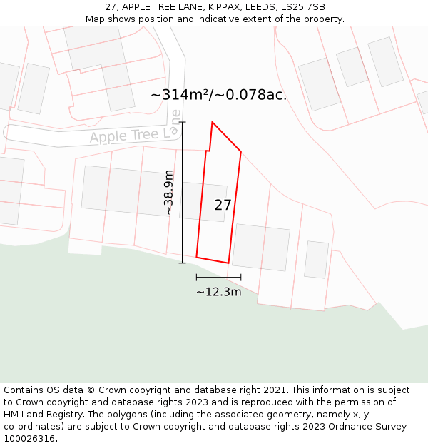 27, APPLE TREE LANE, KIPPAX, LEEDS, LS25 7SB: Plot and title map