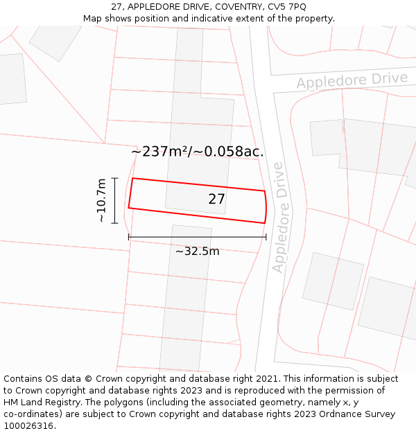 27, APPLEDORE DRIVE, COVENTRY, CV5 7PQ: Plot and title map