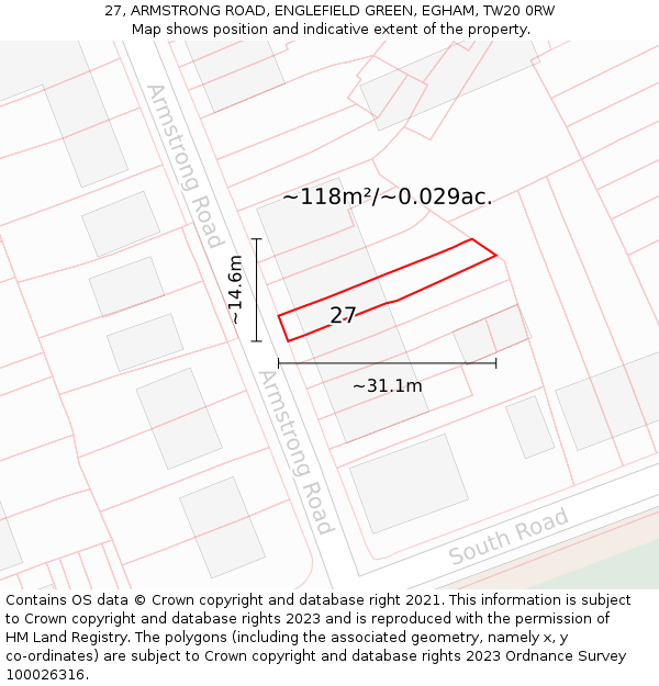 27, ARMSTRONG ROAD, ENGLEFIELD GREEN, EGHAM, TW20 0RW: Plot and title map