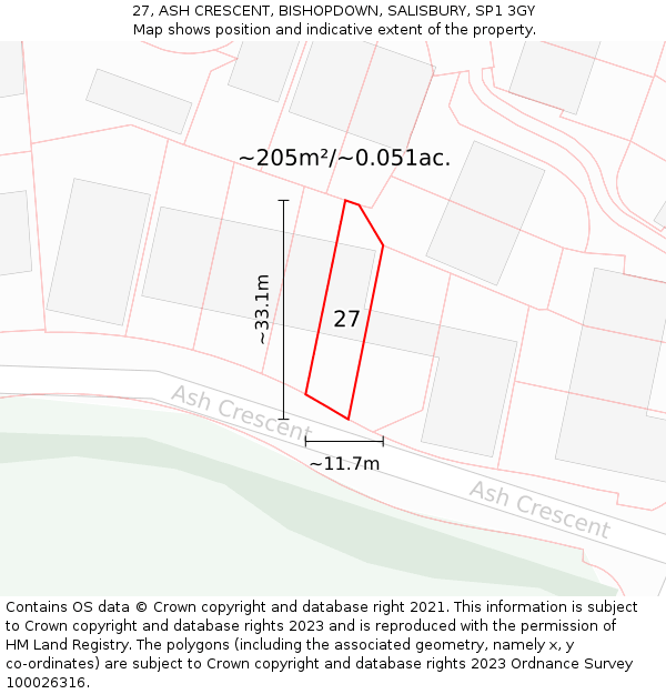 27, ASH CRESCENT, BISHOPDOWN, SALISBURY, SP1 3GY: Plot and title map
