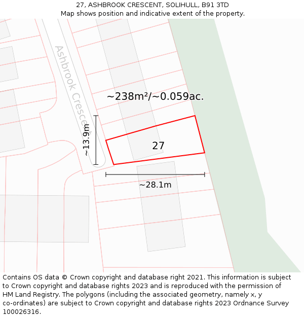 27, ASHBROOK CRESCENT, SOLIHULL, B91 3TD: Plot and title map