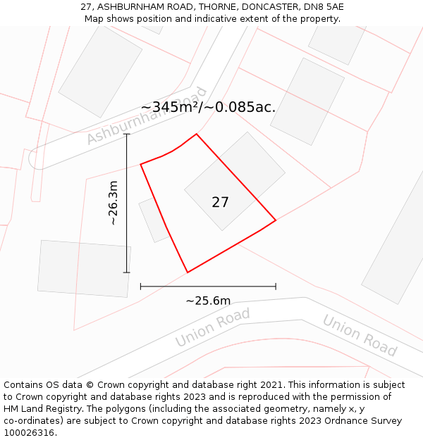 27, ASHBURNHAM ROAD, THORNE, DONCASTER, DN8 5AE: Plot and title map