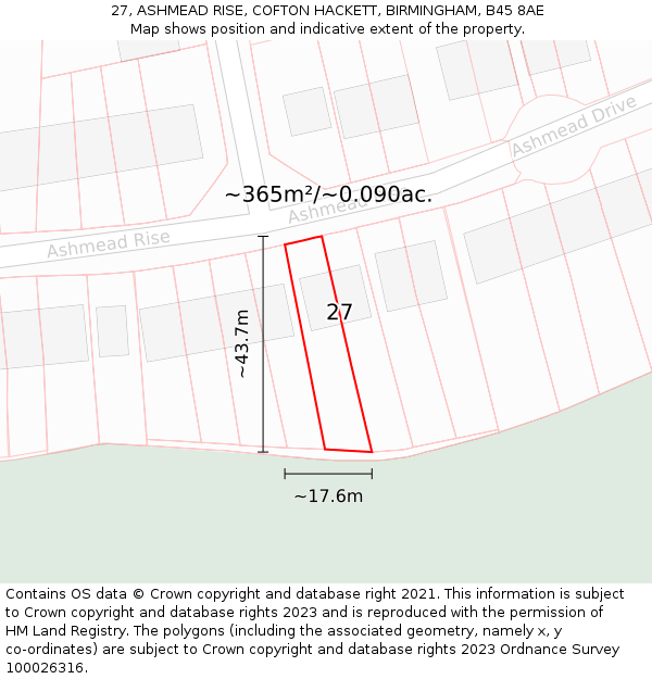 27, ASHMEAD RISE, COFTON HACKETT, BIRMINGHAM, B45 8AE: Plot and title map