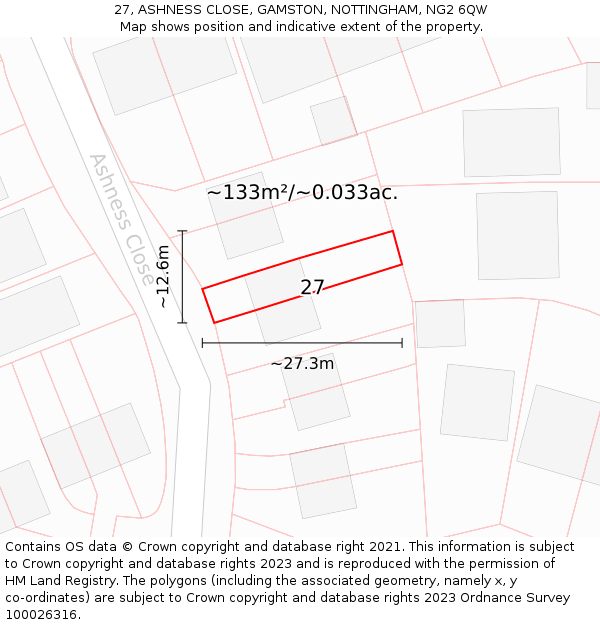 27, ASHNESS CLOSE, GAMSTON, NOTTINGHAM, NG2 6QW: Plot and title map