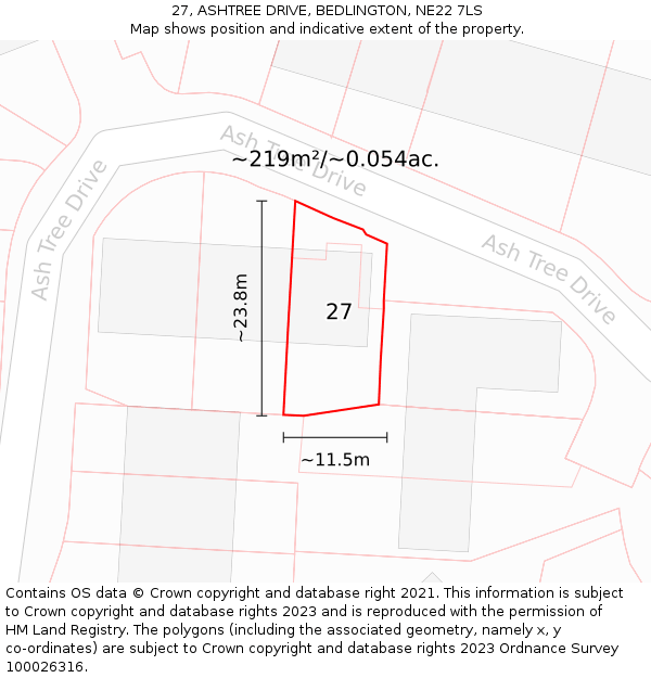 27, ASHTREE DRIVE, BEDLINGTON, NE22 7LS: Plot and title map