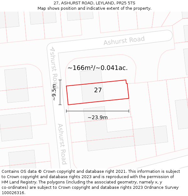 27, ASHURST ROAD, LEYLAND, PR25 5TS: Plot and title map