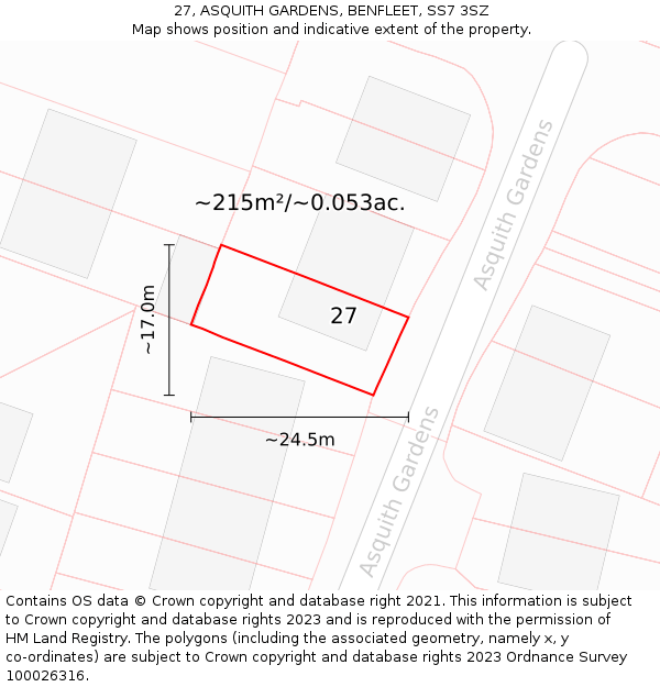 27, ASQUITH GARDENS, BENFLEET, SS7 3SZ: Plot and title map