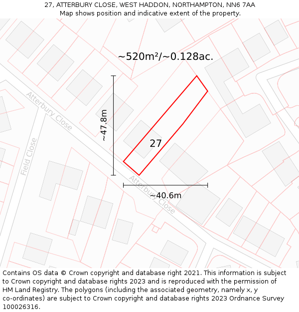 27, ATTERBURY CLOSE, WEST HADDON, NORTHAMPTON, NN6 7AA: Plot and title map
