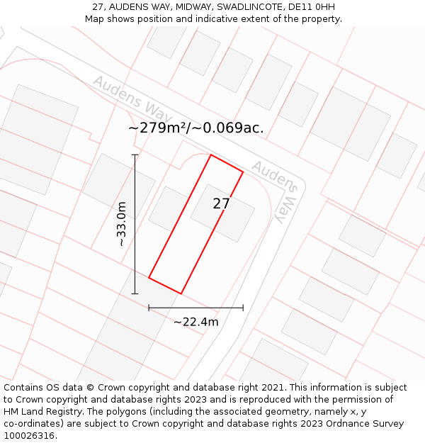 27, AUDENS WAY, MIDWAY, SWADLINCOTE, DE11 0HH: Plot and title map