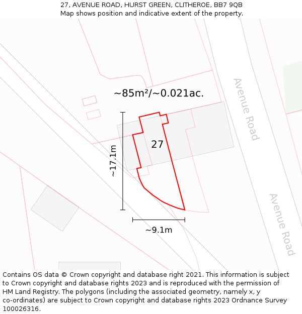 27, AVENUE ROAD, HURST GREEN, CLITHEROE, BB7 9QB: Plot and title map