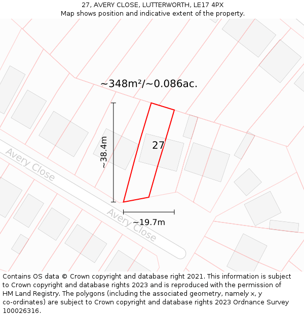 27, AVERY CLOSE, LUTTERWORTH, LE17 4PX: Plot and title map