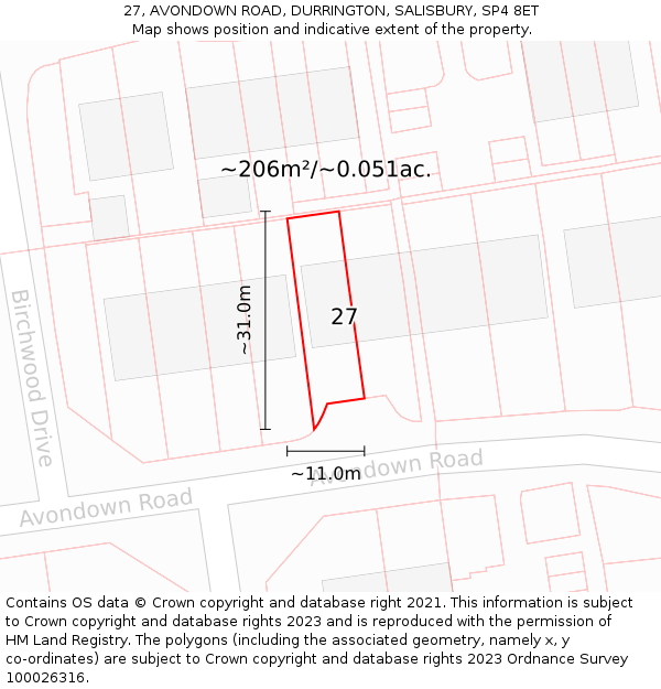 27, AVONDOWN ROAD, DURRINGTON, SALISBURY, SP4 8ET: Plot and title map