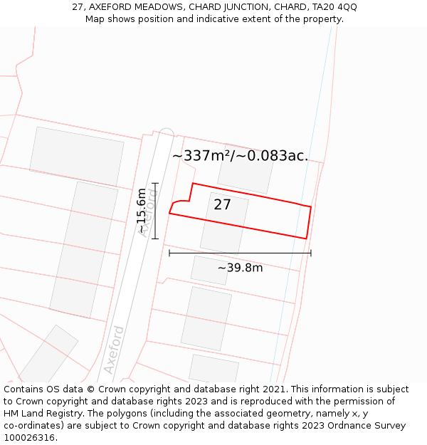 27, AXEFORD MEADOWS, CHARD JUNCTION, CHARD, TA20 4QQ: Plot and title map