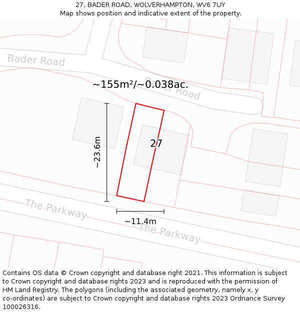 27, BADER ROAD, WOLVERHAMPTON, WV6 7UY: Plot and title map
