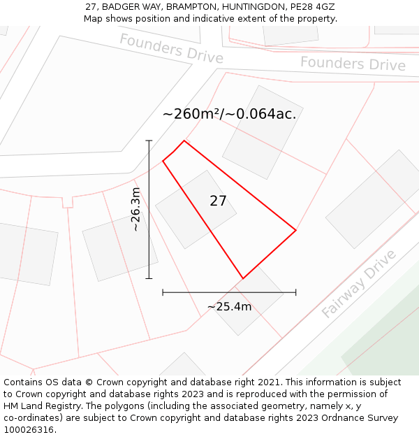 27, BADGER WAY, BRAMPTON, HUNTINGDON, PE28 4GZ: Plot and title map